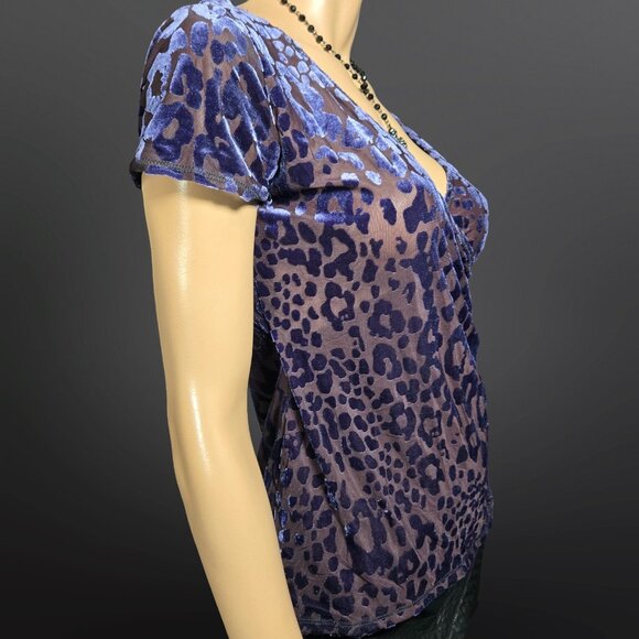 Y2K Blue Leopard Flocked Velvet Burnout Sheer Mesh Top Size M V Neck - Picture 8 of 11